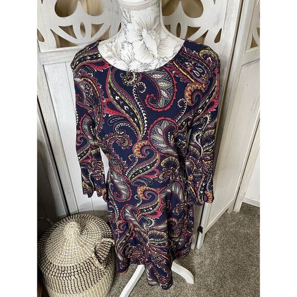 Banana Republic Blue Colorful Print Bell Sleeve Shirt Dress Size 6 Medium - Picture 1 of 8